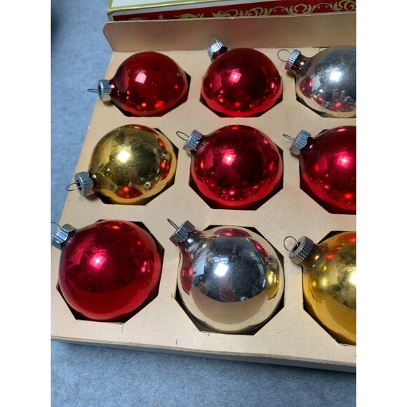 Shiny Brite Vintage Glass Christmas Ornaments Set 12 Red Gold Silver 2" Round Bo - Picture 3 of 10